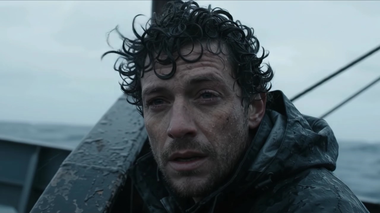 Cinematic storm ship still for a Runway-style filmmaking workflow